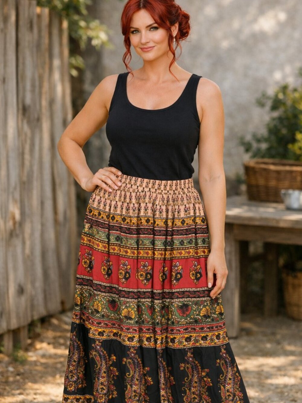 Bohemian Maxi Long Skirt Multi Gypsy Boho Hippie Pull on Indian Elastic S/M